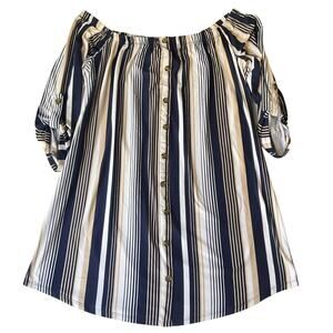 No Comment NY-LA Women Mini Dress XL Navy Striped Shift 3/4 Sleeve Off Shoulder